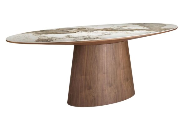 Mesa de Jantar Oval Arven 1177 com tampo em mármore porcelânico branco com veios em tons de terra e base em madeira de nogueira natural | Moveistore