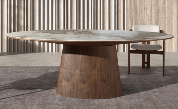 Mesa de Jantar Oval Arven 1177 com tampo em mármore porcelânico branco com veios em tons de terra e base em madeira de nogueira natural | Moveistore
