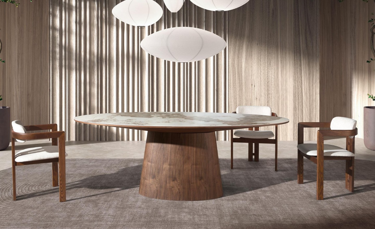 Mesa de Jantar Oval Arven 1177 com tampo em mármore porcelânico branco com veios em tons de terra e base em madeira de nogueira natural | Moveistore