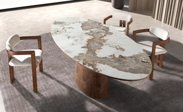 Mesa de Jantar Oval Arven 1177 com tampo em mármore porcelânico branco com veios em tons de terra e base em madeira de nogueira natural | Moveistore
