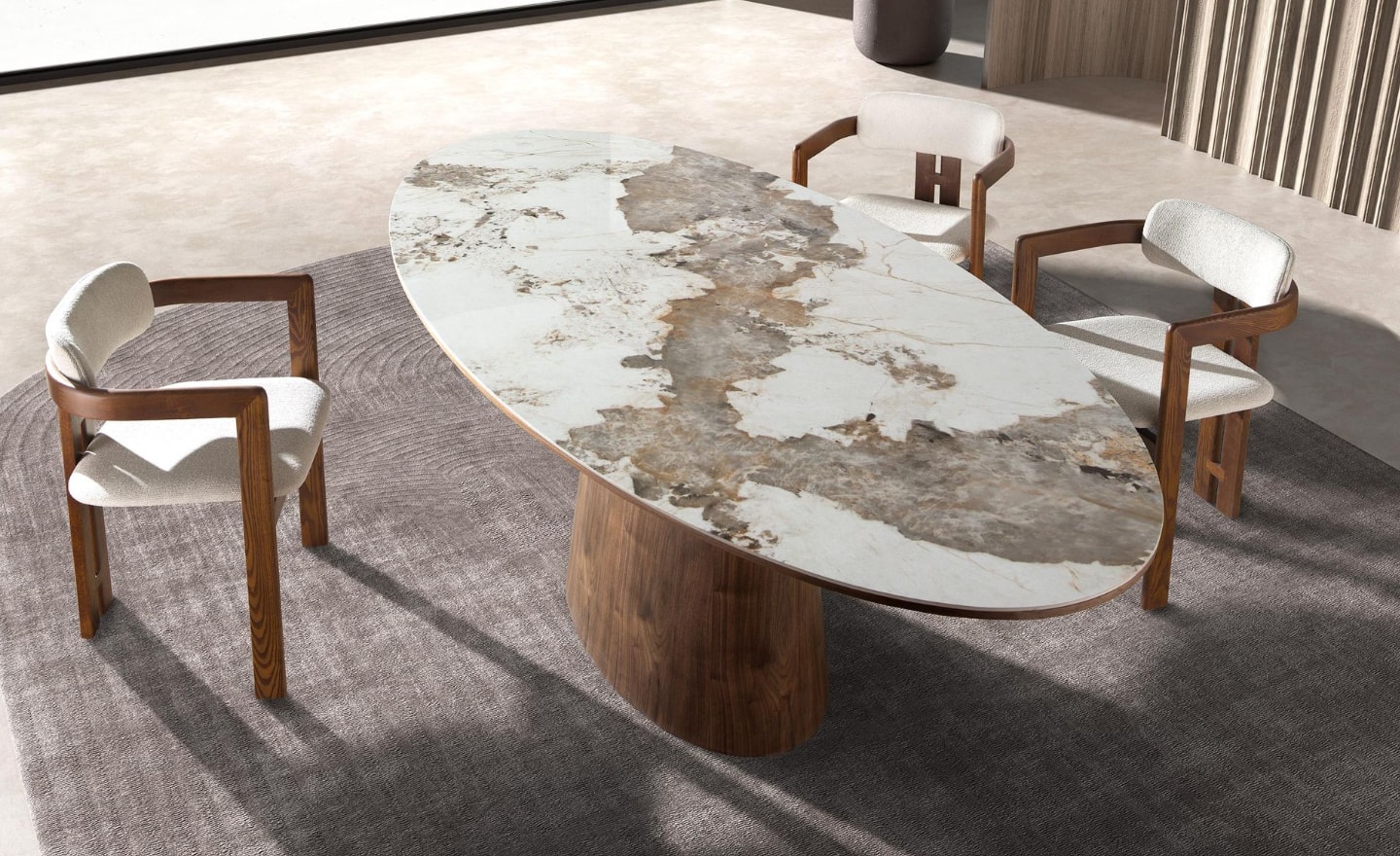 Mesa de Jantar Oval Arven 1177 com tampo em mármore porcelânico branco com veios em tons de terra e base em madeira de nogueira natural | Moveistore