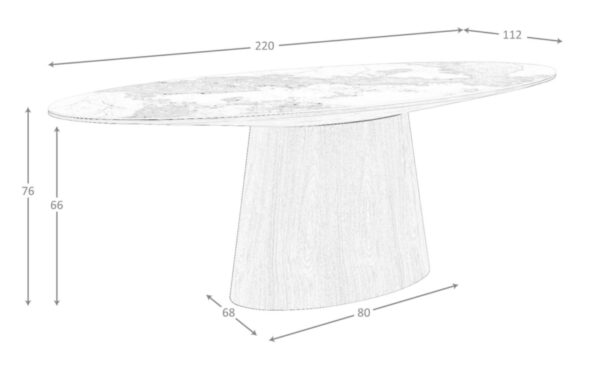Mesa de Jantar Oval Arven 1177 com tampo em mármore porcelânico branco com veios em tons de terra e base em madeira de nogueira natural | Moveistore