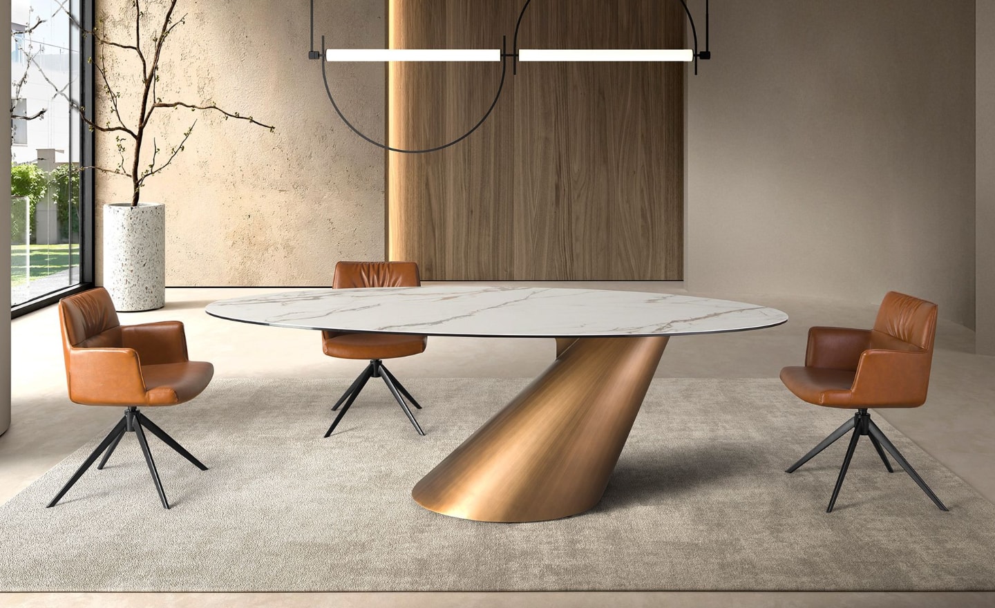 Mesa de Jantar Oval Orian 1160 com tampo em mármore porcelânico branco com veios cinzentos e perna metálica cor de bronze | Moveistore