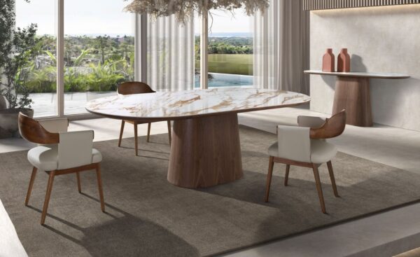 Mesa de Jantar Oval Soren 1173 Mesa de Jantar Oval Soren 1173 com tampo em mármore porcelânico branco com veios terra e estrutura em nogueira natural | Moveistore