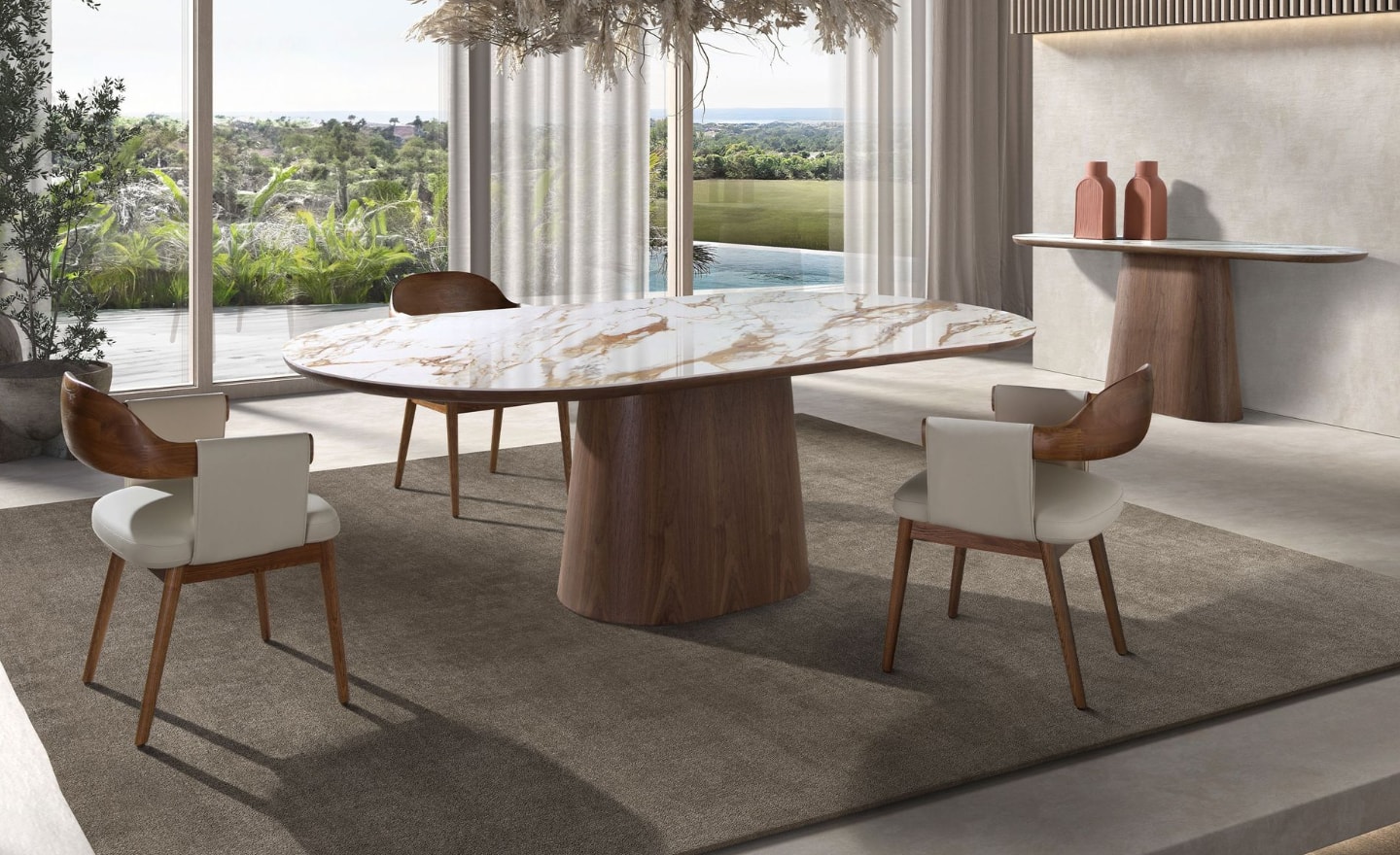 Mesa de Jantar Oval Soren 1173 com tampo em mármore porcelânico branco com veios terra e estrutura em nogueira natural | Moveistore