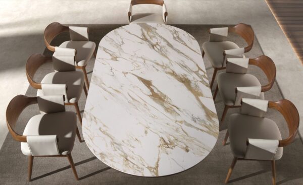 Mesa de Jantar Oval Soren 1173 com tampo em mármore porcelânico branco com veios terra e estrutura em nogueira natural | Moveistore