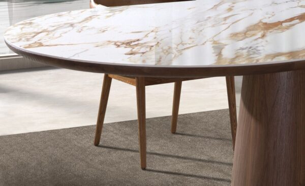 Mesa de Jantar Oval Soren 1173 com tampo em mármore porcelânico branco com veios terra e estrutura em nogueira natural | Moveistore