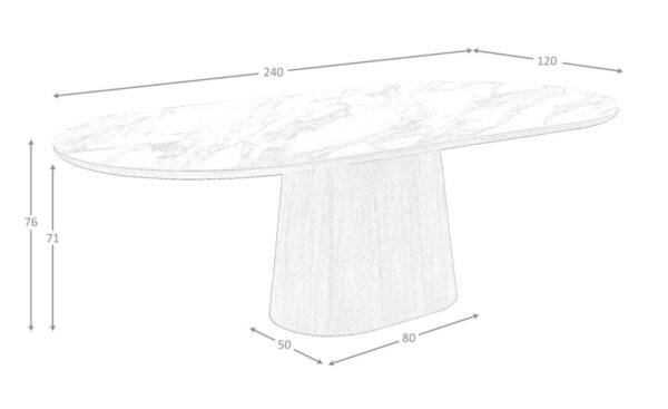 Mesa de Jantar Oval Soren 1173 com tampo em mármore porcelânico branco com veios terra e estrutura em nogueira natural | Moveistore