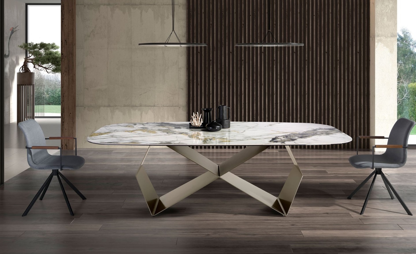 Mesa de Jantar Varyn 1140 com tampo em mármore porcelânico branco com veios dourados e cinzentos, base metálica grau champanhe | Moveistore