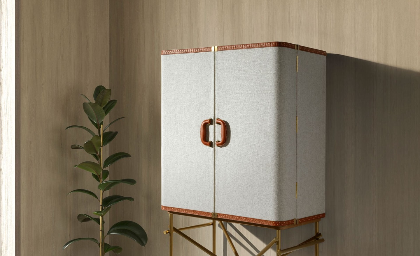 Móvel Bar Atria 3272 em tecido cinzento com pés dourados e estrutura em nogueira | Moveistore