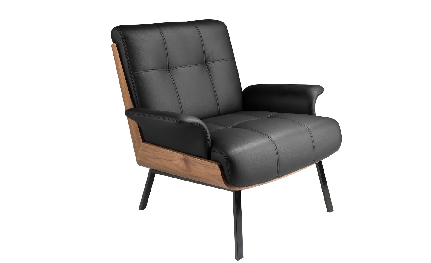 Poltrona Detroit 5140 em couro ecológico preto com estrutura em nogueira natural e pernas metálicas pretas | Moveistore