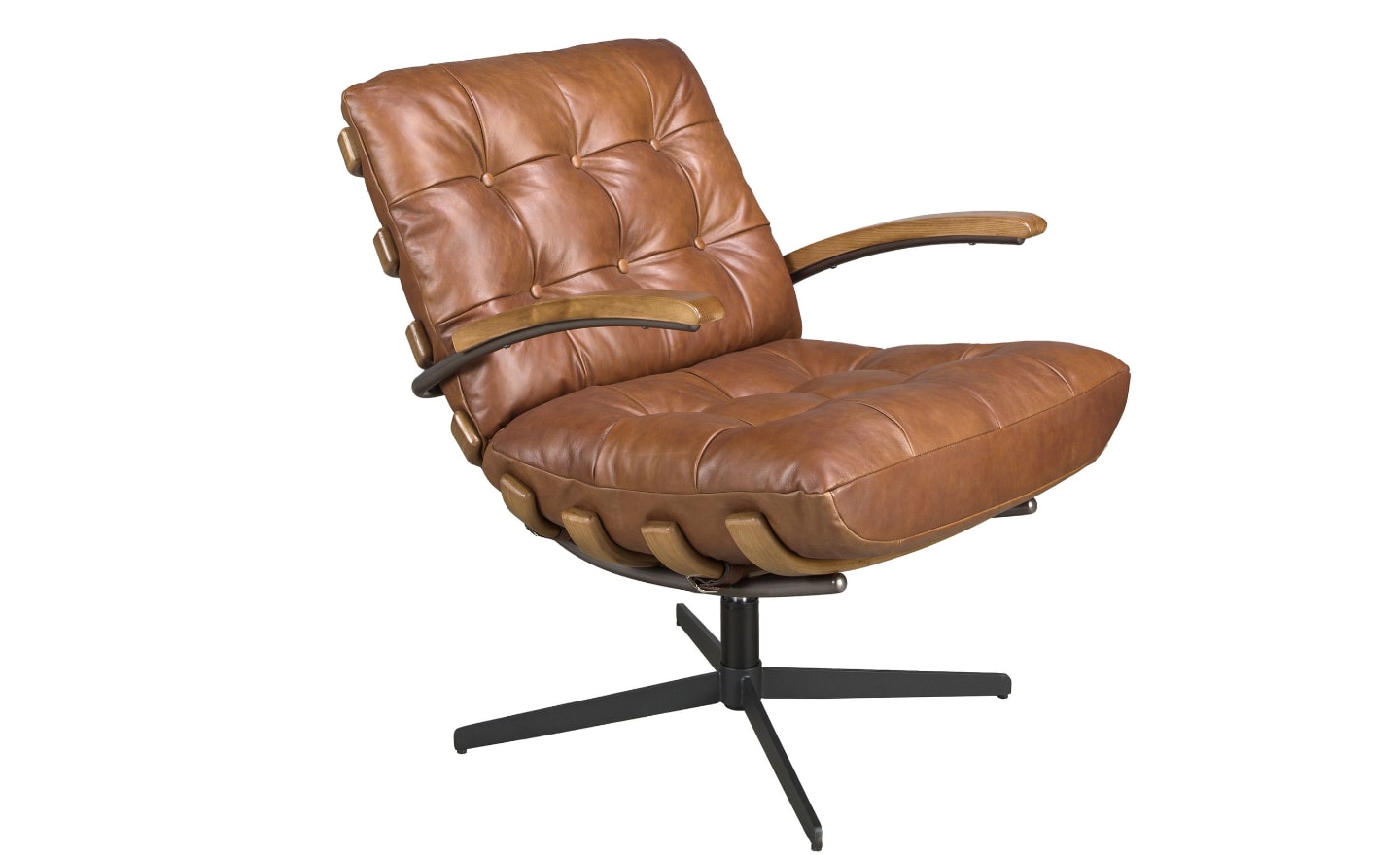 Poltrona Giratória Astor 5154 em pele castanha com capitonné e base giratória em aço preto | Moveistore