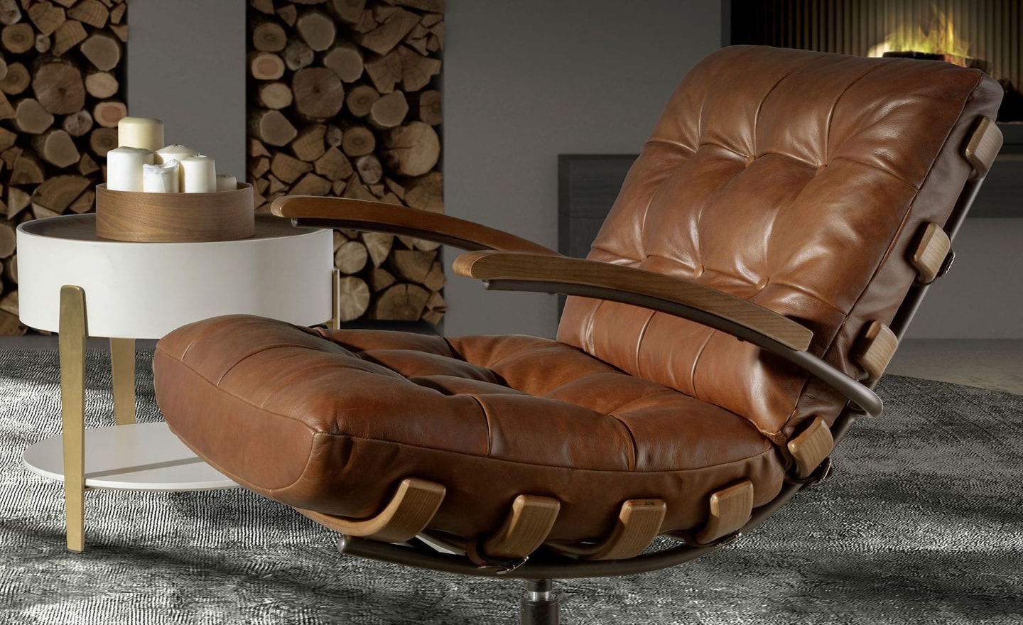 Poltrona Giratória Astor 5154 em pele castanha com capitonné e base giratória em aço preto | Moveistore