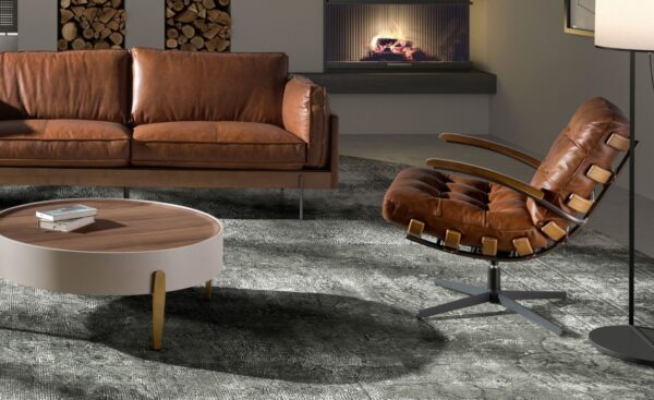 Poltrona Giratória Astor 5154 em pele castanha com capitonné e base giratória em aço preto | Moveistore