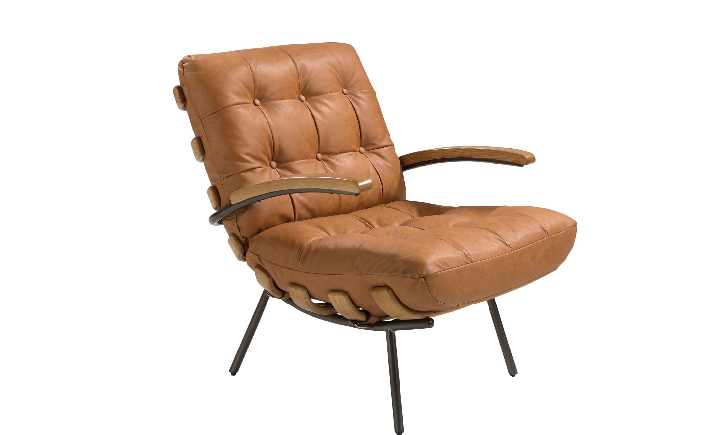 Poltrona Memphis 5153 em pele castanha com acabamento capitonné e pernas em aço escuro | Moveistore