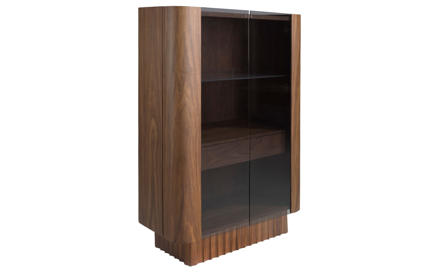 Vitrina Solis 3273 em madeira folheada a nogueira natural com portas de vidro fumado e iluminação LED interior | Moveistore