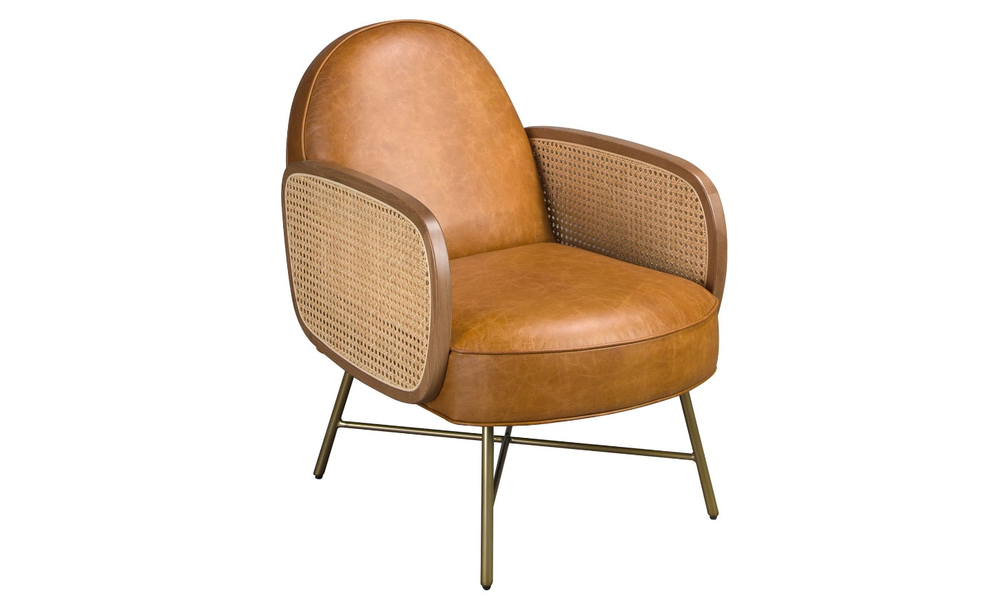 Cadeirão Capri 5162 com estofos em pele castanha, apoios de braços em rotim entrançado e pernas douradas | Moveistore