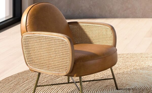 Cadeirão Capri 5162 com estofos em pele castanha, apoios de braços em rotim entrançado e pernas douradas | Moveistore