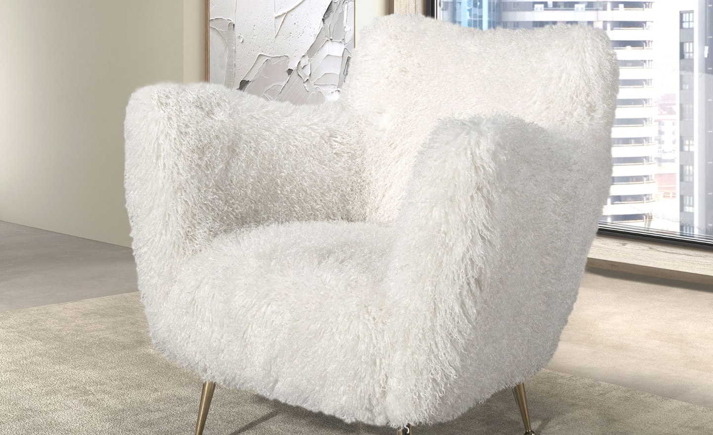 Cadeirão Cloud 5191 com estofos em pelo sintético branco e pés metálicos dourados | Moveistore