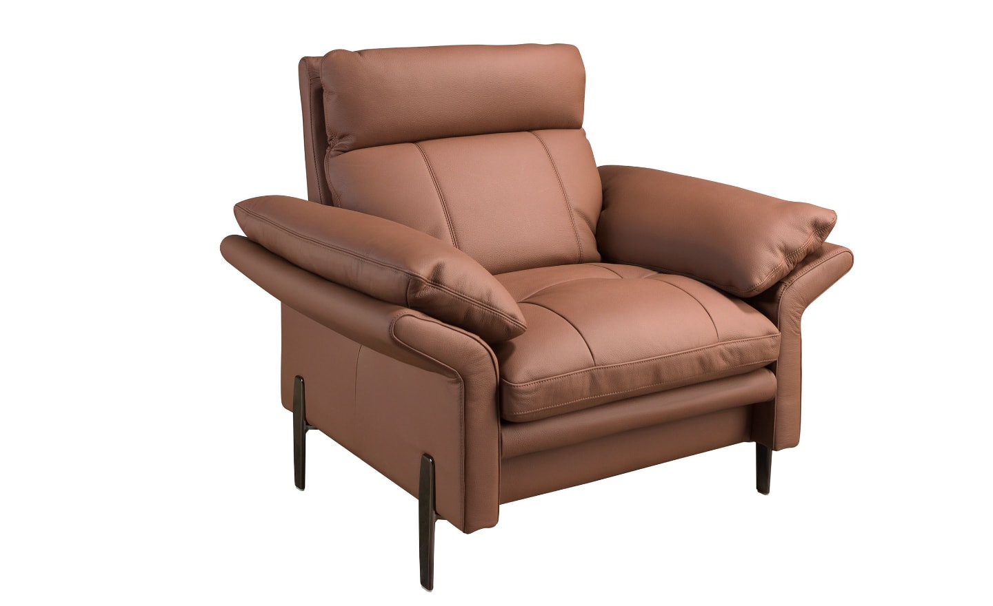 Cadeirão Como 5173 com estofos em pele castanha e pés em aço cromado escuro | Moveistore