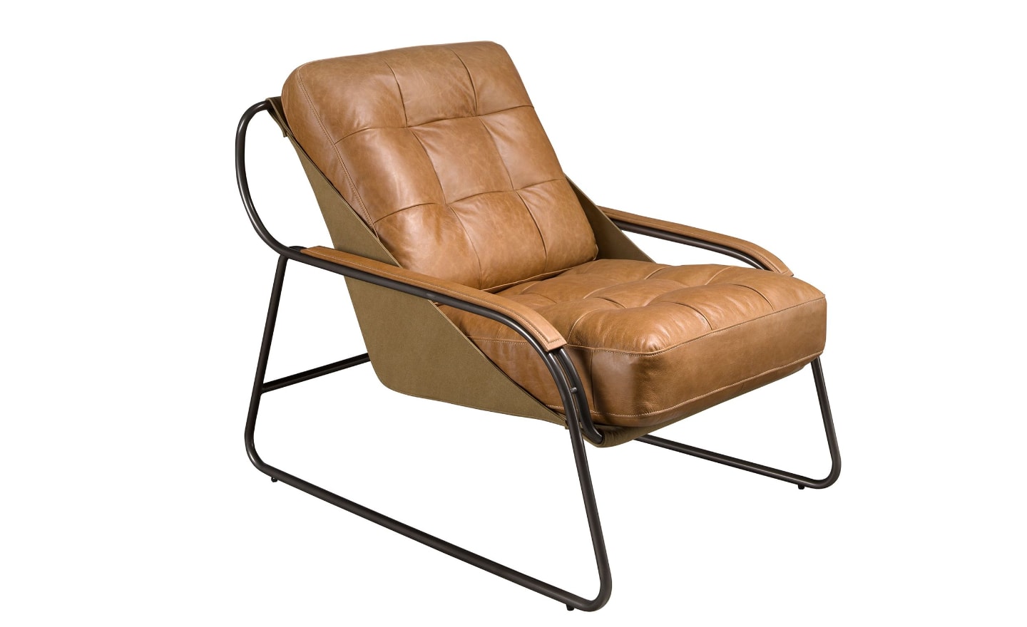 Cadeirão Dakota 5155 em pele castanha com capitonné, braços em madeira e estrutura metálica escurecida | Moveistore