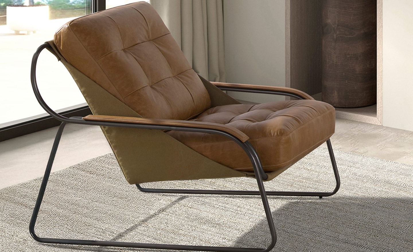 Cadeirão Dakota 5155 em pele castanha com capitonné, braços em madeira e estrutura metálica escurecida | Moveistore