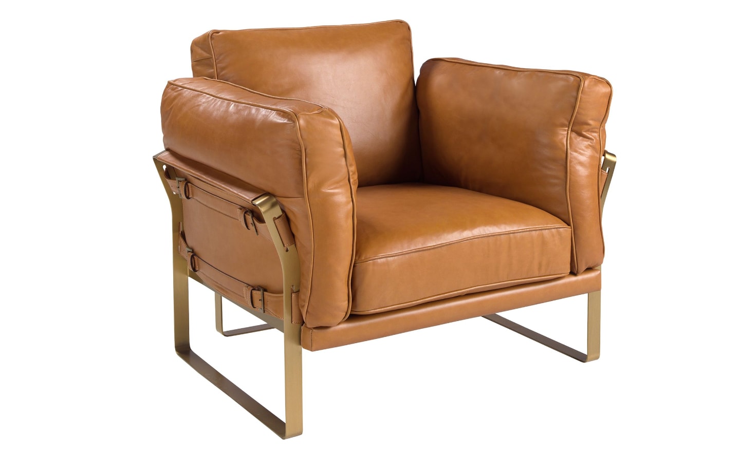 Cadeirão Hudson 5169 estofado em pele cor de camelo com estrutura dourada e detalhes decorativos em fivelas | Moveistore