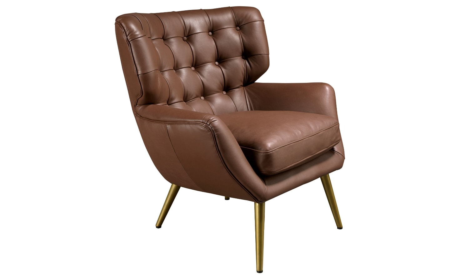 Cadeirão Verona 5165 em pele de vaca castanha escura com acabamento capitonné e pernas douradas | Moveistore