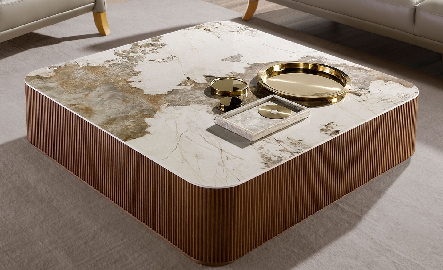 Mesa de Centro Capri 2140 com tampo de mármore porcelânico branco e estrutura em nogueira natural | Moveistore