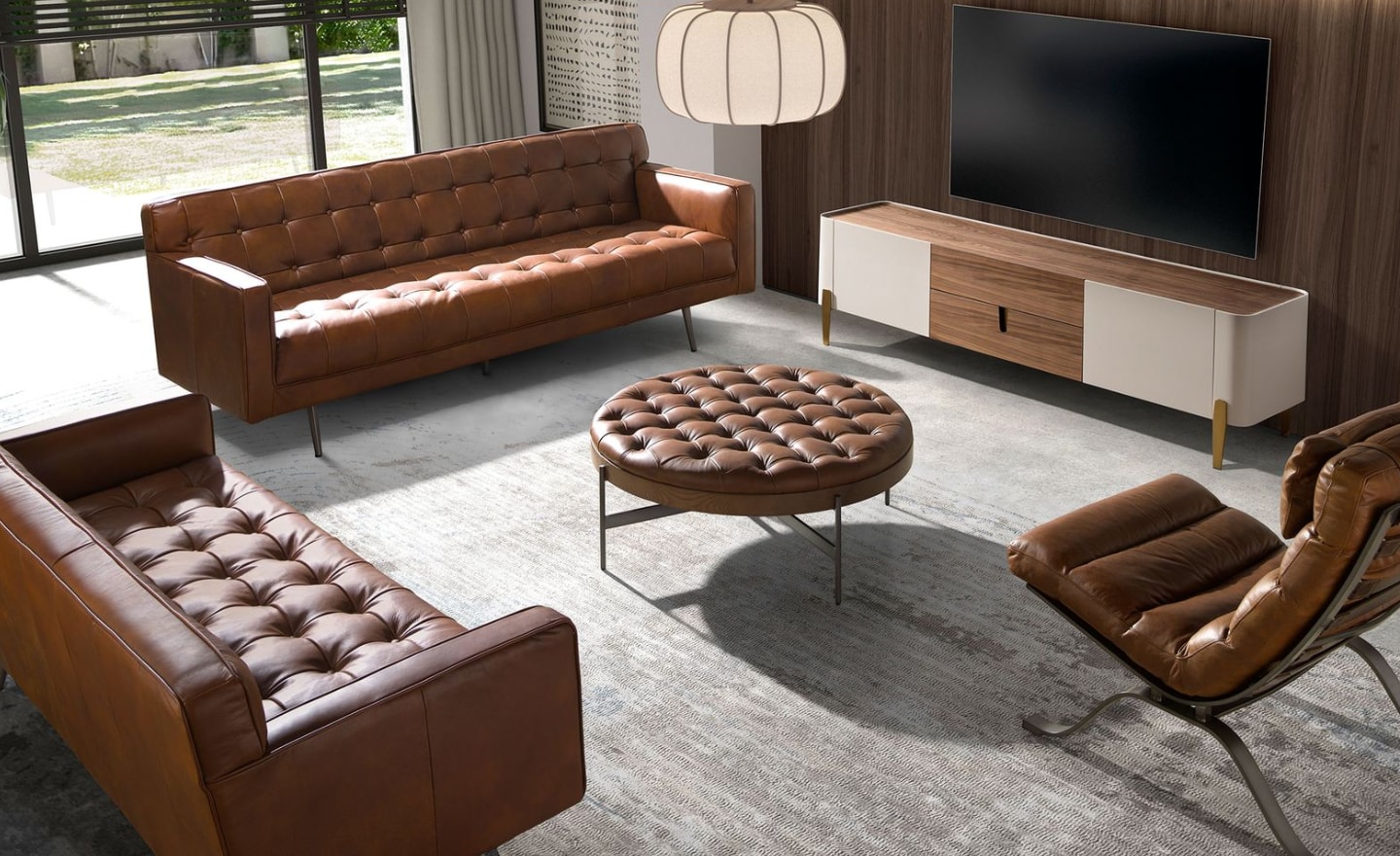 Mesa de Centro Chester 2147 com tampo em pele capitonné e base em nogueira | Moveistore