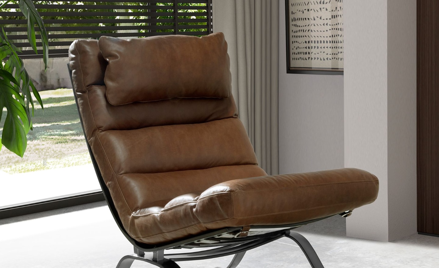 Poltrona Bergen 5161 em pele de vaca castanha escura com pernas metálicas e apoio de cabeça amovível | Moveistore