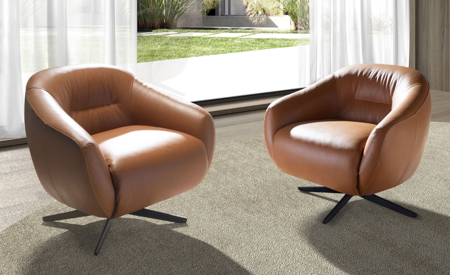 Poltrona Giratória em Pele Aria 5183 castanha com base em aço preto | Moveistore