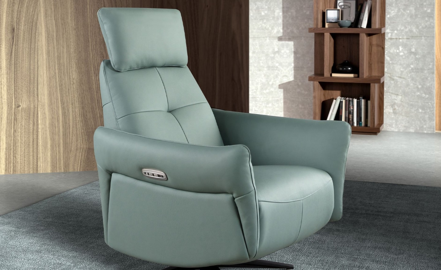 Poltrona Relax Vega 5174 em pele verde turquesa com base preta e portas USB | Moveistore