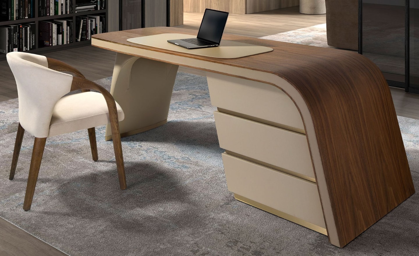 Secretária Amaya 3268 com tampo em nogueira natural, gavetas laterais e pés com acabamento dourado | Moveistore