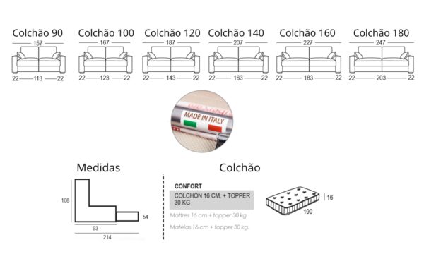 Sofá Cama Naomi com colchão 16 cm e topper e encostos reclináveis | Moveistore