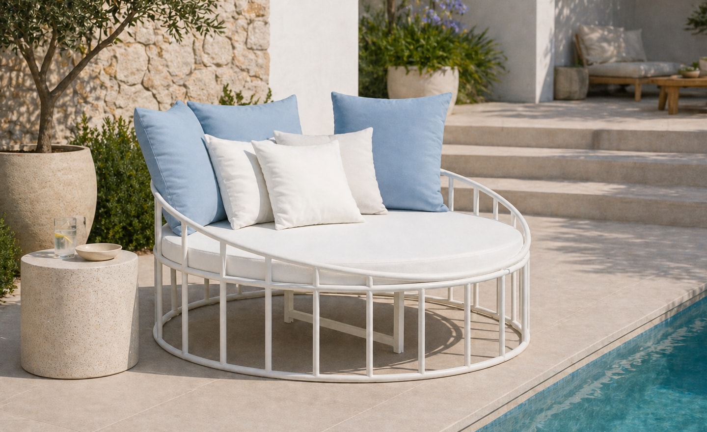 Cama de Exterior Fortemar redonda em alumínio branco com almofadão e almofadas decorativas | Moveistore