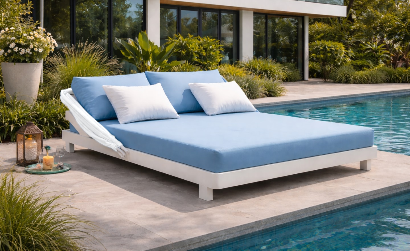 Cama de Exterior Maracaibo em alumínio com colchão almofadado, almofadas e dossel | Moveistore