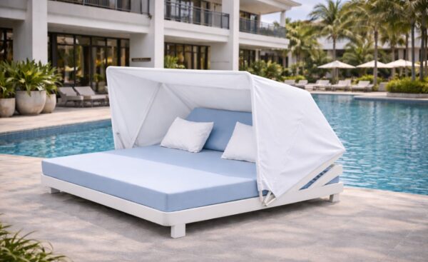 Cama de Exterior Maracaibo em alumínio com colchão almofadado, almofadas e dossel | Moveistore