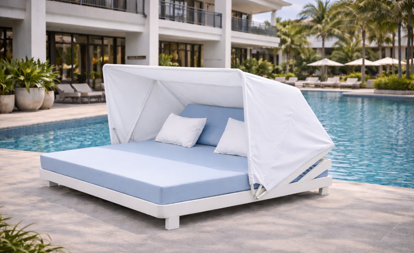 Cama de Exterior Maracaibo em alumínio com colchão almofadado, almofadas e dossel | Moveistore