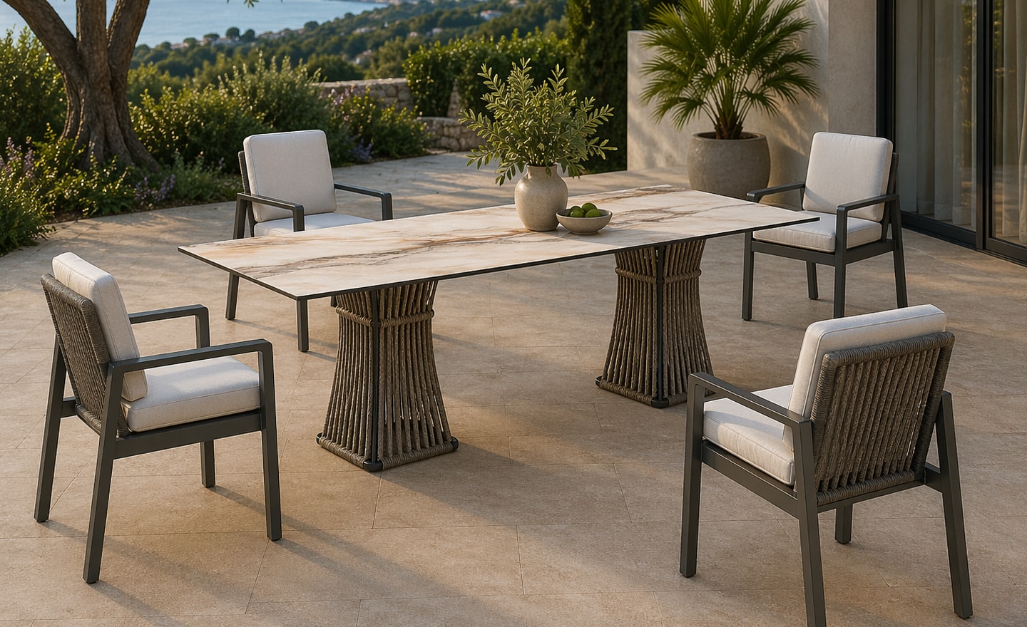 Conjunto Mesa e Cadeiras de Exterior Armania com mesa retangular, cadeiras e revestimento em corda | Moveistore