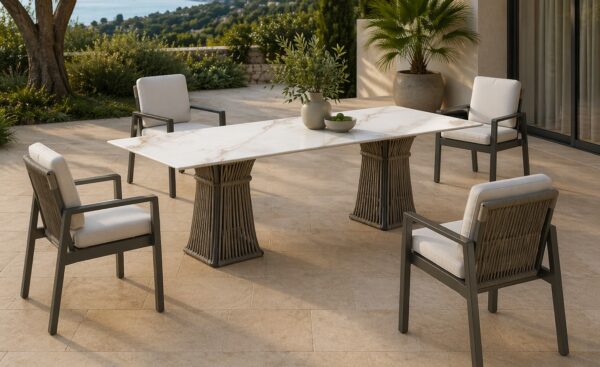 Conjunto Mesa e Cadeiras de Exterior Armania com mesa retangular, cadeiras e revestimento em corda | Moveistore