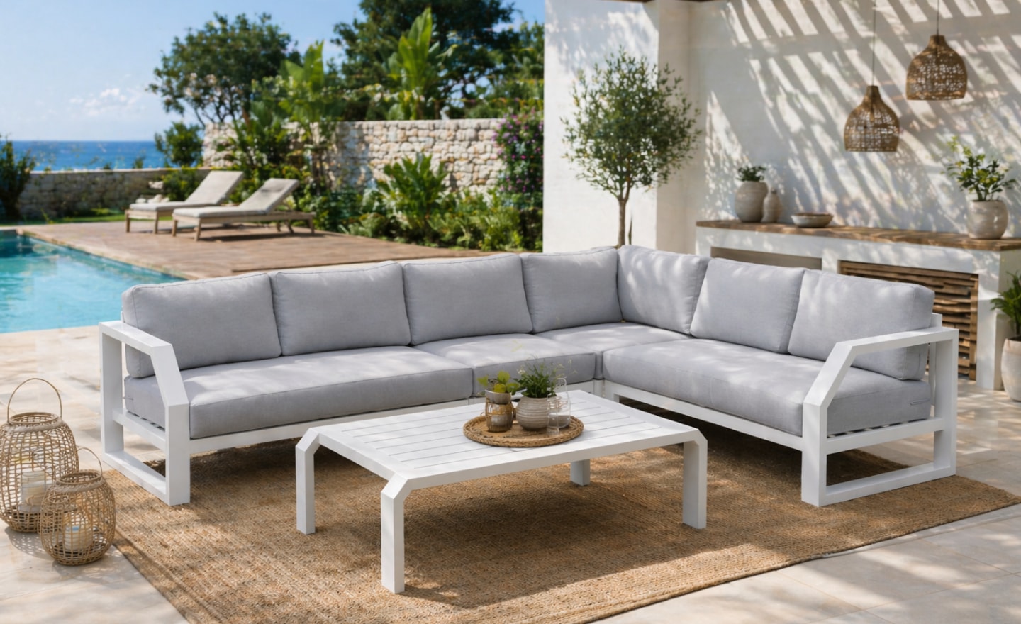 Conjunto de Exterior Zafiro 2 modular de canto com mesa de centro e assentos acolchoados | Moveistore
