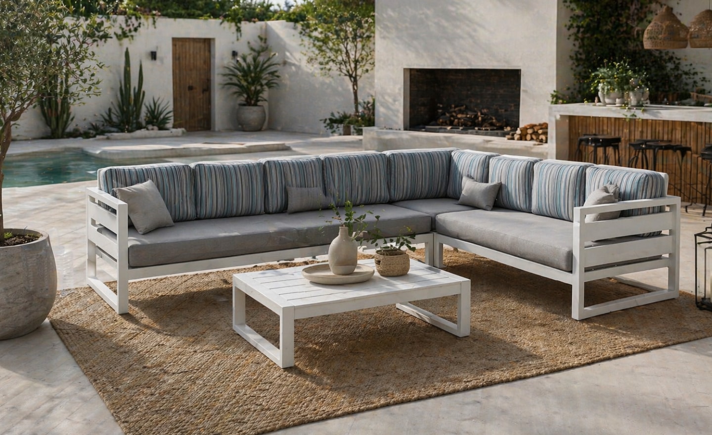 Conjunto de Exterior Cosmos modular de canto com mesa de centro e assentos acolchoados | Moveistore