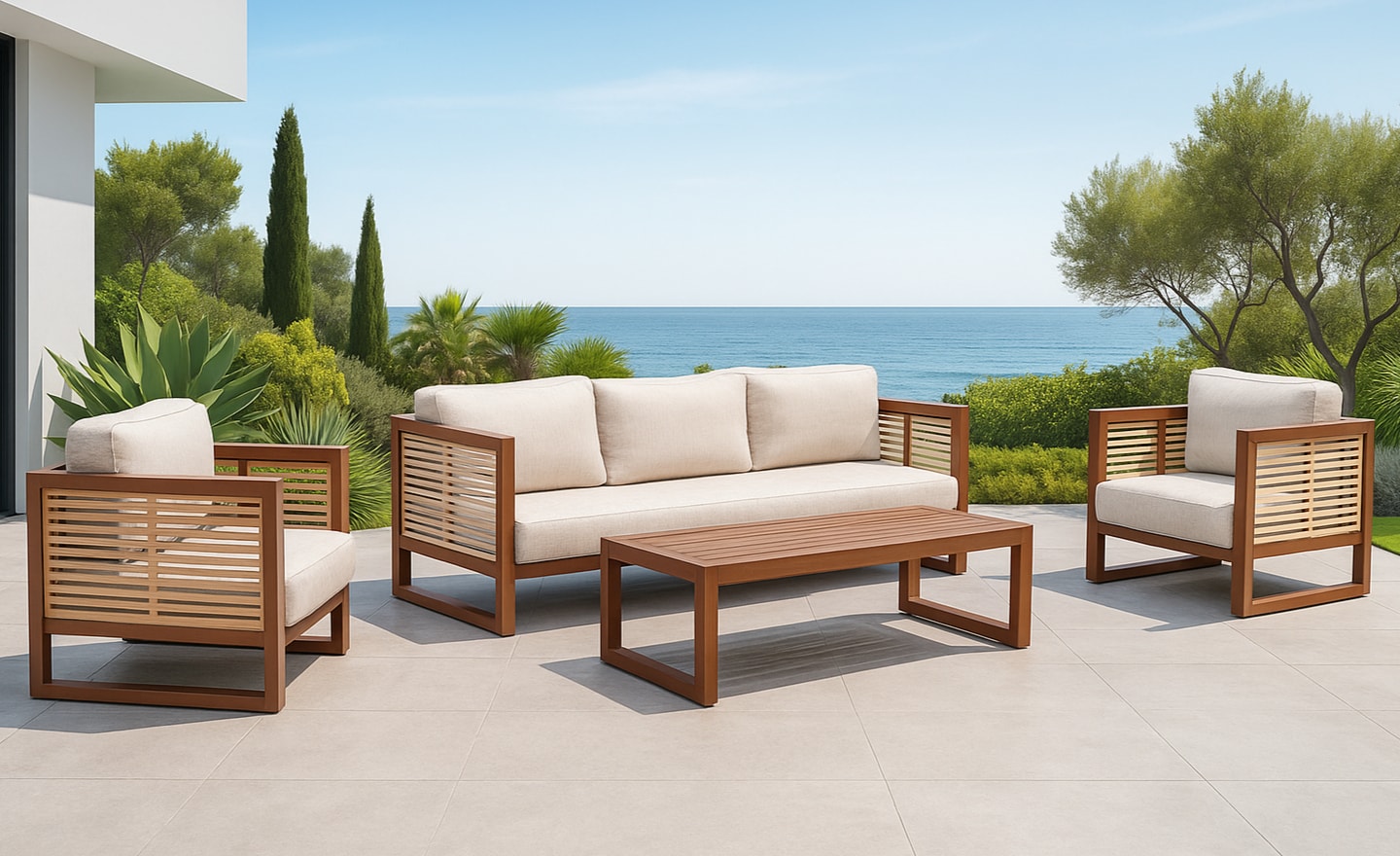 Conjunto de Exterior Mariet com sofá, cadeirões, mesa de centro e painéis ripados | Moveistore