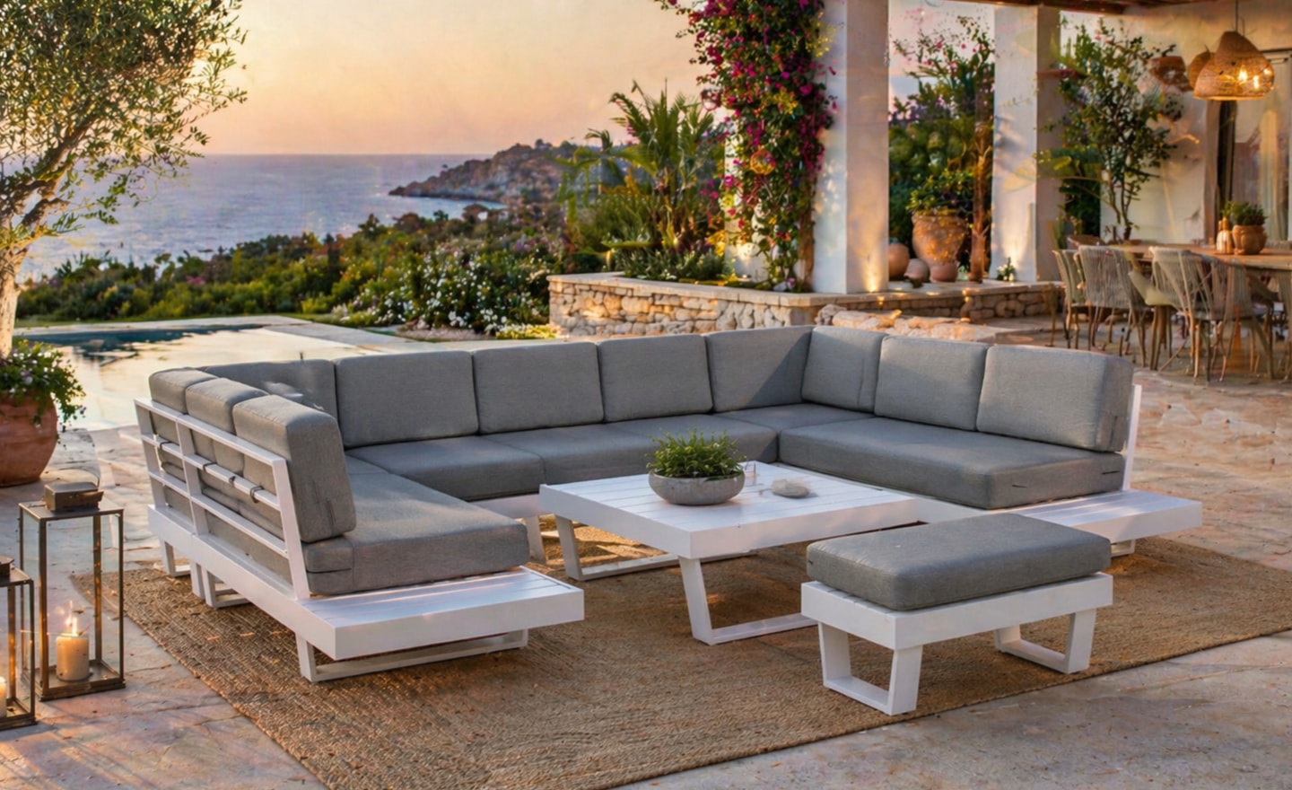 Conjunto de Exterior Menfis modular de canto com sofás, banco e mesa | Moveistore