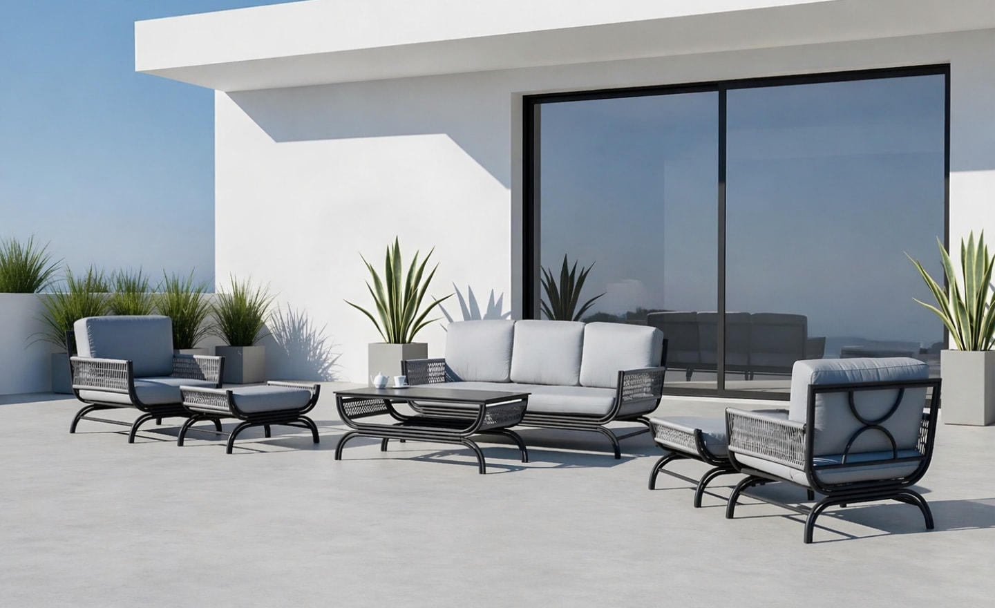Conjunto de Exterior Saona com sofá, cadeirões, repousa pés e corda náutica entrançada | Moveistore