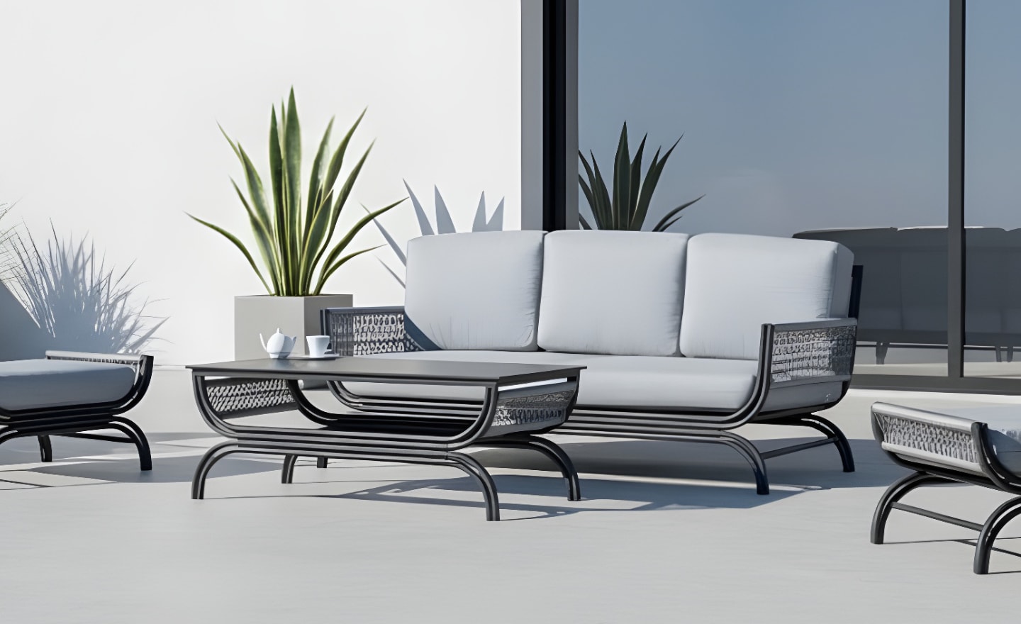 Conjunto de Exterior Saona com sofá, cadeirões, repousa pés e corda náutica entrançada | Moveistore
