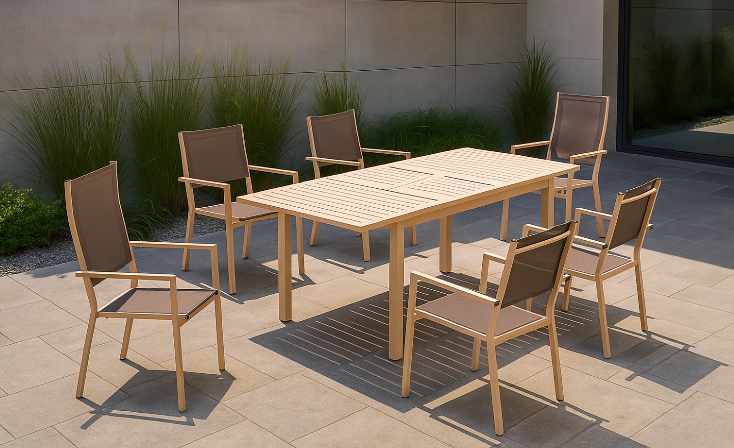 Conjunto Mesa e Cadeiras de Exterior Palma com mesa extensível, tampo ripado e cadeiras com braços | Moveistore