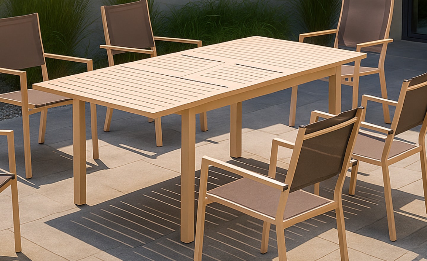 Conjunto Mesa e Cadeiras de Exterior Palma com mesa extensível, tampo ripado e cadeiras com braços | Moveistore