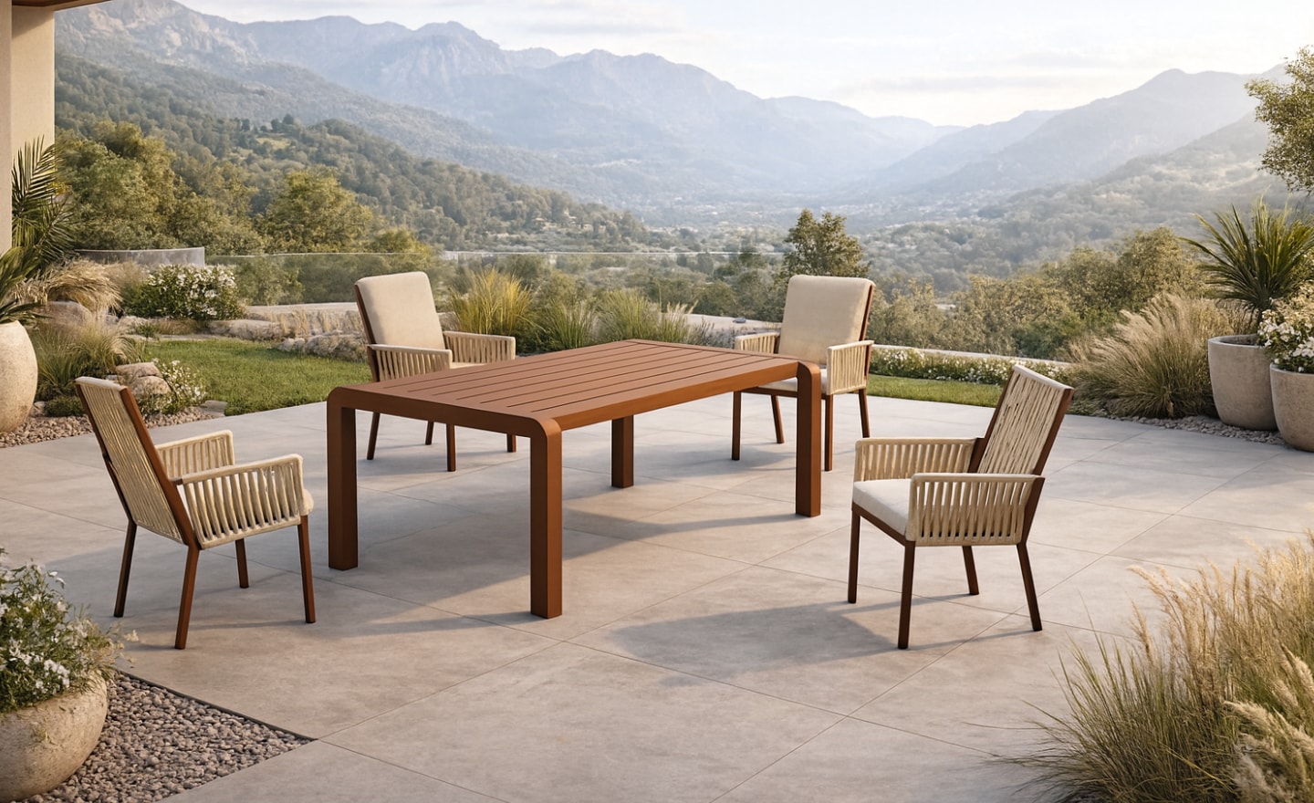 Conjunto Mesa e Cadeiras de Exterior California com mesa retangular, cadeiras com braços e revestimento em corda | Moveistore
